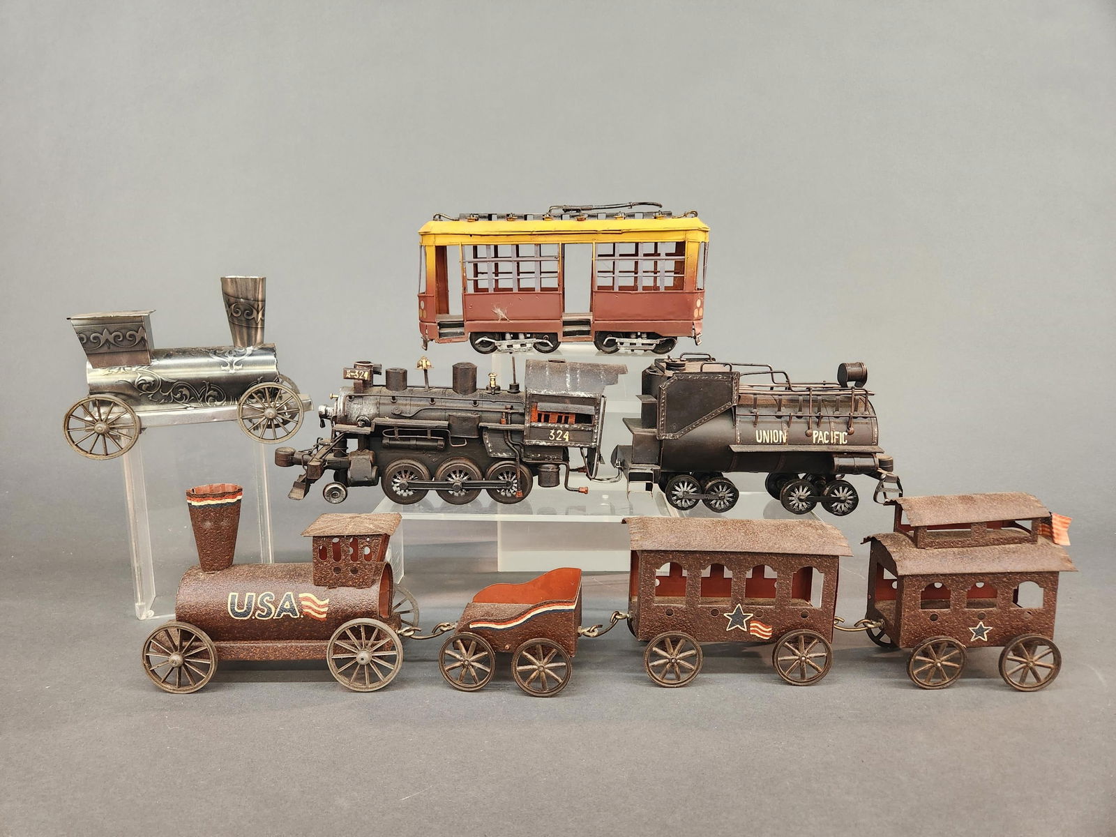 4 Folk Art metal train engines and trolley (1 of 6)