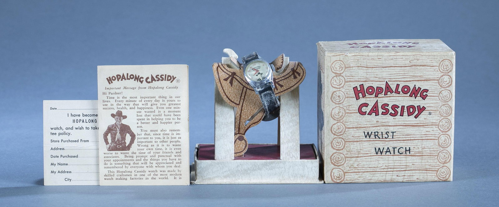 United Time Corp. Hopalong Cassidy Watch CIB: A United Time Cooperation complete in box Hopalong Cassidy Wrist Watch. Includes saddle holder, guarantee card, and manual. 4 1/4" x 4 1/4" x 3" Condition: Watch appears not functioning. Leather band 