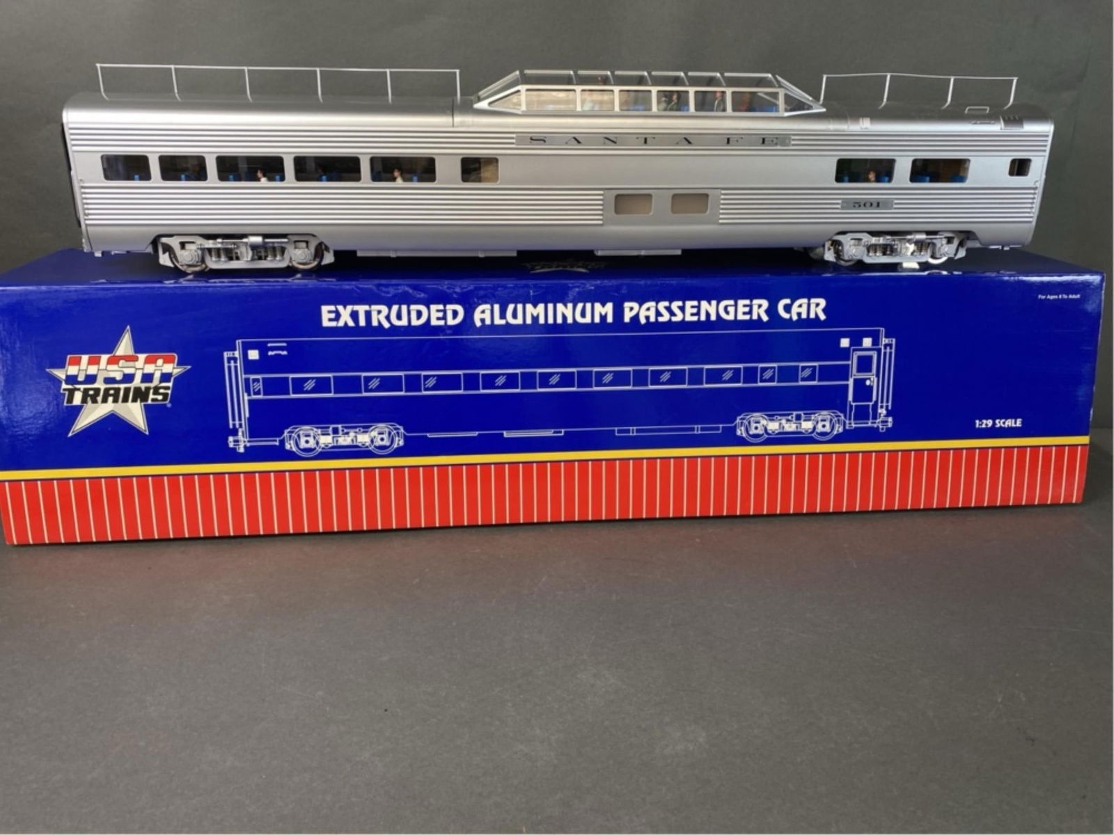 USA Trains Santa Fe Vista Dome car in box: An USA Trains No. 31006 Santa Fe aluminum Vista Dome car in box. 7 1/2" x 33" x 4"