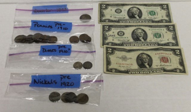 Asst US coins & currency incl 19th c coins.: Asst US coins & currency incl 19th c coins. Includes pennies, nickles, 1898-S quarter, dimes, 1976 $2, 1953-A $2, 1976 $2.