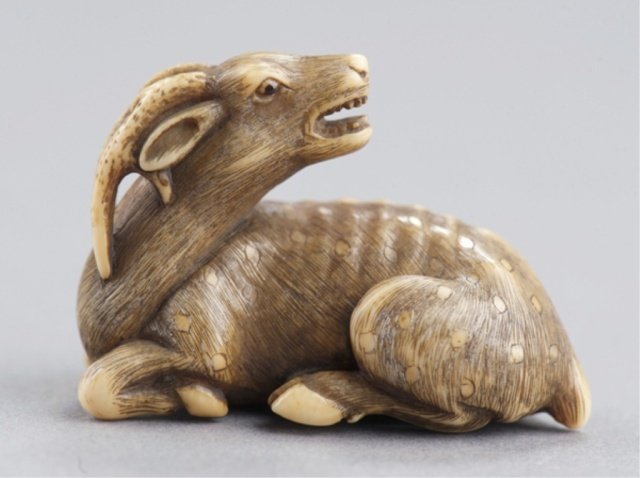An ivory netsuke of a stag.: Attributed to Okatomo. Kyoto, Late 18th century. , Late 18th century. Head turned back, eyes inlaid in black, with a dappled coat and good hair-work. Unsigned. 1 3/8in (3.5cm). Exhibited: the Student 