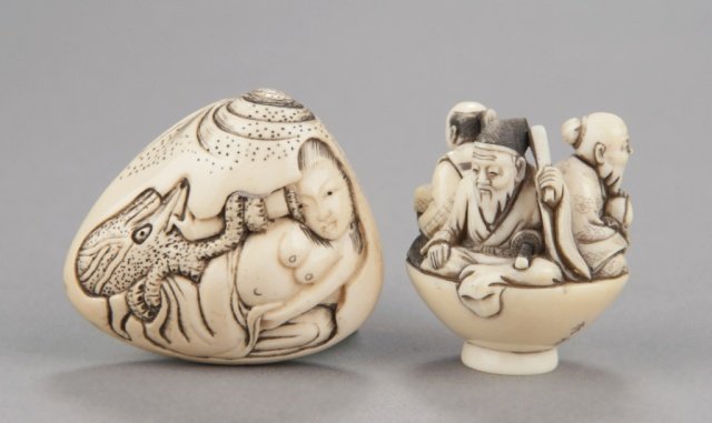 A group of two ivory netsuke.: Inscribed Yukimasa, Tokyo, Mid/late 19th century. The first, depicts the San-Ko sitting in a sake bowl, each with their attribute. At the front is Urashima Taro with his treasure box, to his right sit