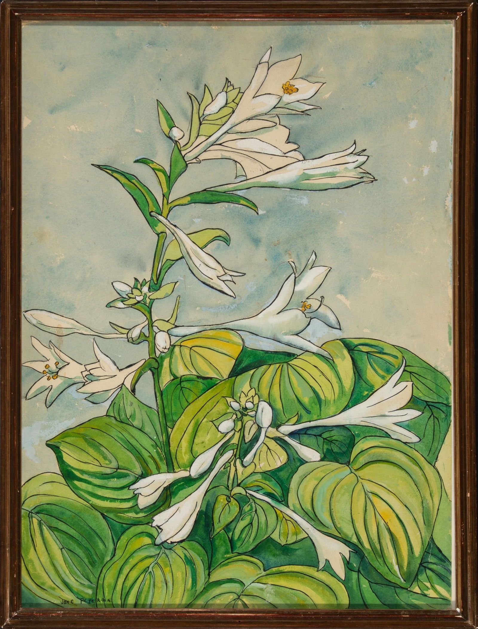 Jane Peterson watercolor of blooming hosta: Peterson, Jane (American, 1876 - 1965) Watercolor of blooming hosta on paper. Signed in black l.l. Image; 30" x 22", frame: 32" x 24"