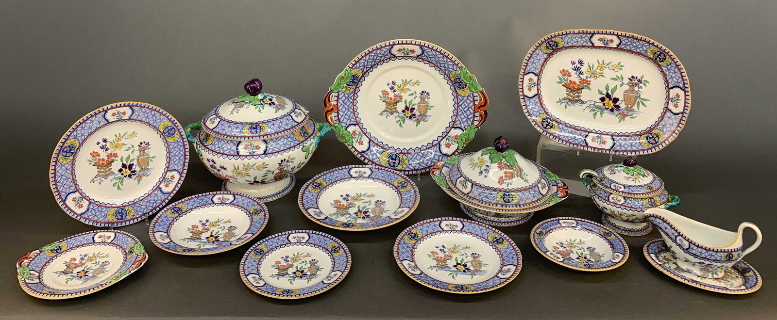 Minton Ironstone dinner service: A Minton Ironstone dinner service. Pattern code C4961. English 20th century. Stamped on underside. Including nine dinner plates 10 1/4", twelve large soup bowls 10", twelve small soup bowls 8 3/4", el