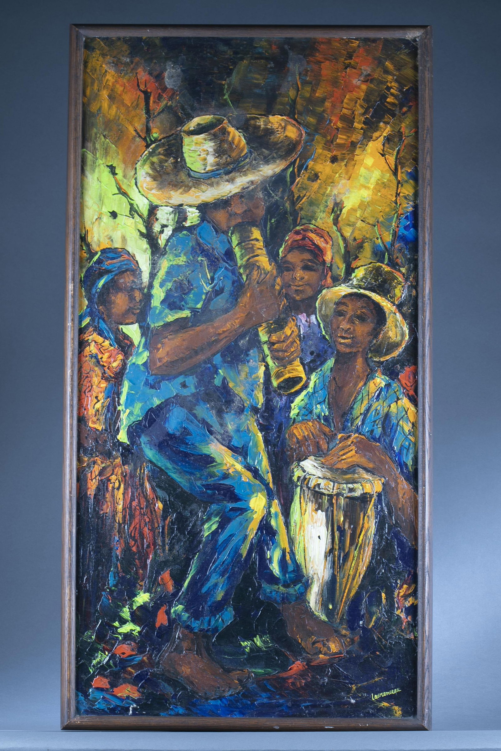 Lyonel Laurenceau, Musicians, O/C: Laurenceau, Lyonel (Haitian, b. 1942) Painting of a group of musicians. Oil on canvas. Signed l.r. Sight: 47 3/4" x 23 1/2" Frame: 49 1/2" x 25 1/2" Provenance: Gallery sticker on back of frame.