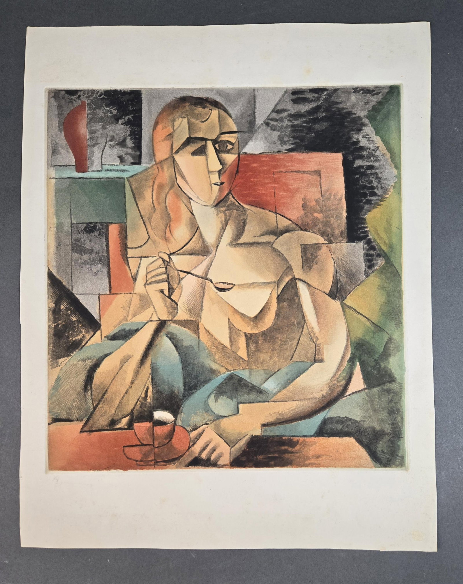 After Metzinger, "La Tasse De The" 1929, Aquatint.: Villion, Jacques (France, 1875-1963) after Metzinger, Jean (France, 1883-1956). "La Tasse De The." 1929. Color aquatint. Etching by Villion after Metzinger's cubist piece. Printed on wove paper. Publi