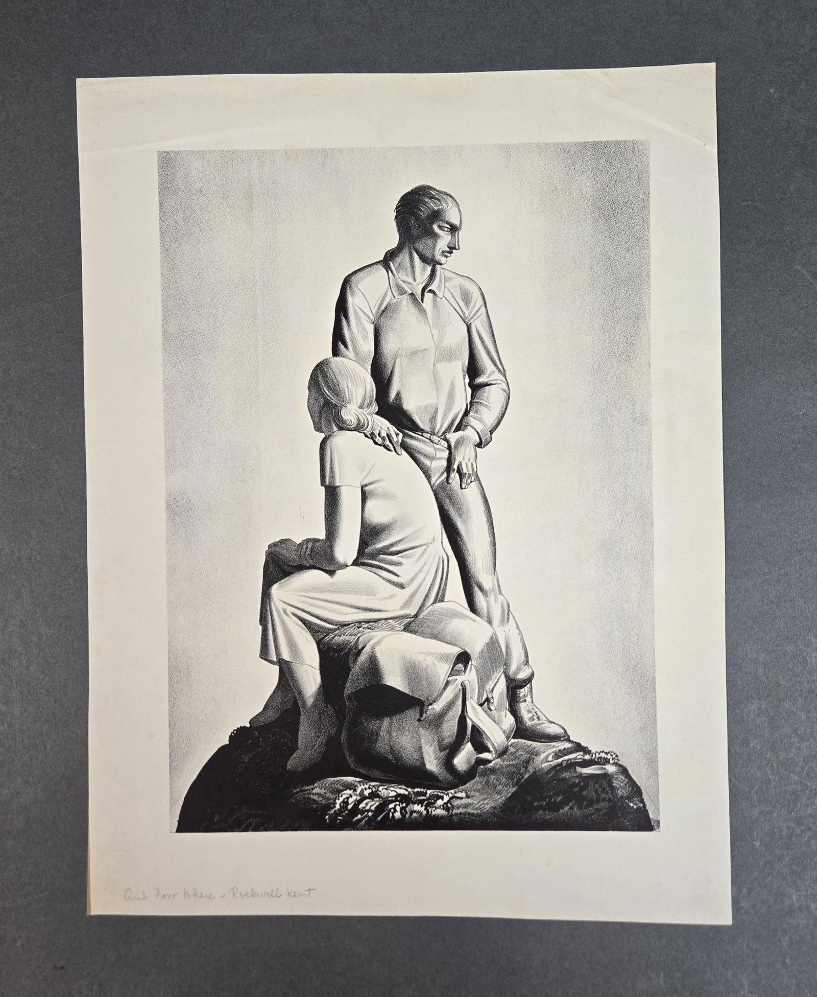 Kent, "And Now Where?" 1936, Lithograph.: Kent, Rockwell (American, 1882-1971). "And Now Where?" 1936. Lithograph on wove paper. Burne-Jones 110. Sheet size: 12 1/4" x 16 3/16". Print size: 9 3/8" x 13 1/8". Condition: Light foxing. Tape resi