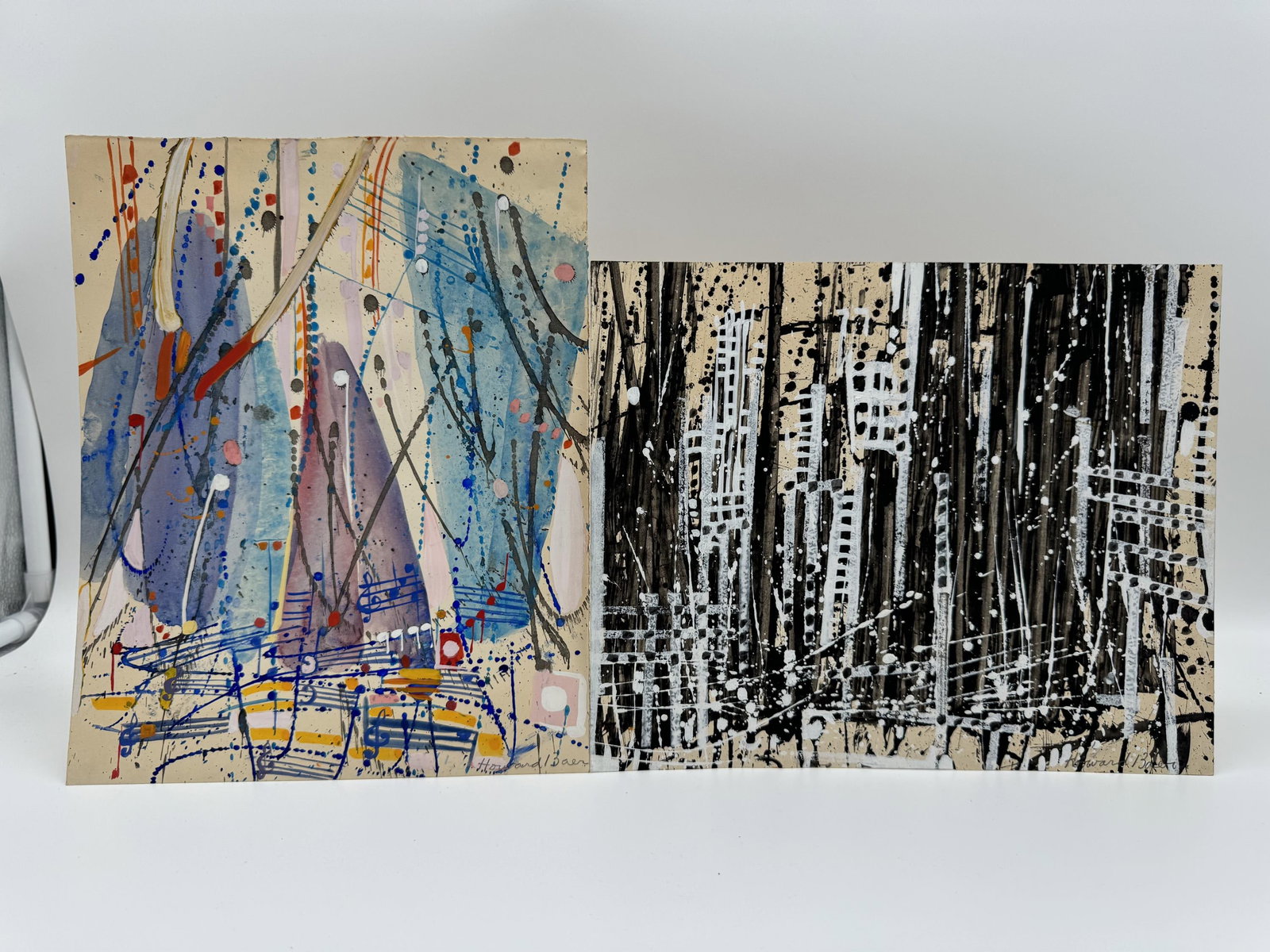 2 Howard Baer small abstract paintings.: Baer, Howard (American, 20th Century), two abstracts, oil on paper. Both from the 1996 Society of illustrators Christmas Auction.