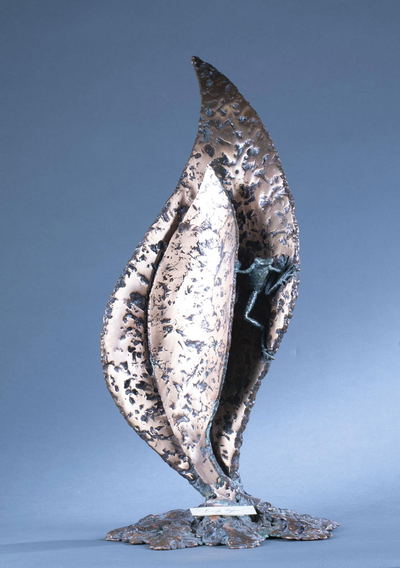 James K. Cook, Frog, 1983.: Cook, James K. (American, active 20th c.). Frog copper bronze sculpture. Signed and dated on base. 1983. 25 3/4" x 12".