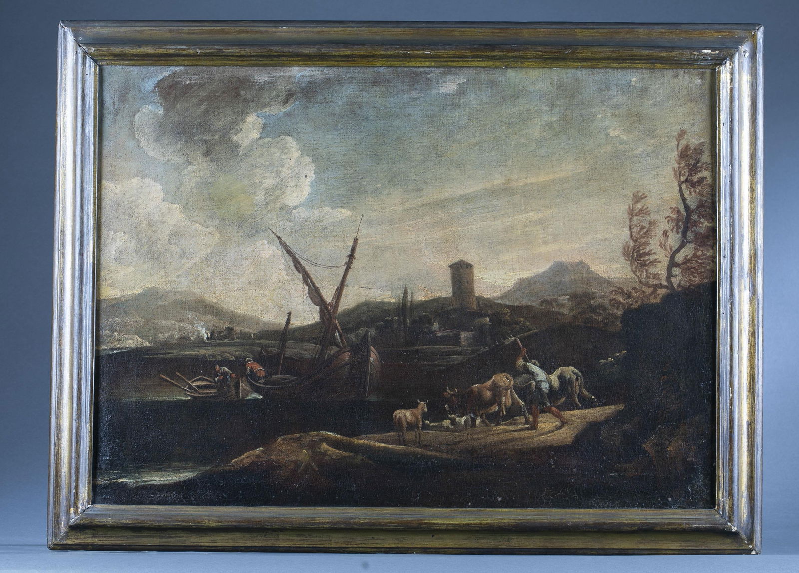 2 Dutch school harbor scenes, O/C, 18th c.: A pair of Dutch school paintings of harbor scenes. Oil on canvas. 18th century. Sight: 21 1/4" x 30 1/2". Frame: 25 1/2" x 34 1/2". Condition: discoloration Provenance: From the Collection of Vivian C