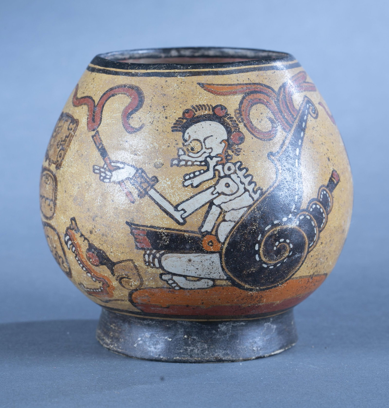 Mayan bowl, Guatemala.: A Mayan bowl decorated with various figures and animals. Guatemala. 5 1/2" x 6". Condition: Abrasions. Provenance: From the collection of Kumiko Cross.
