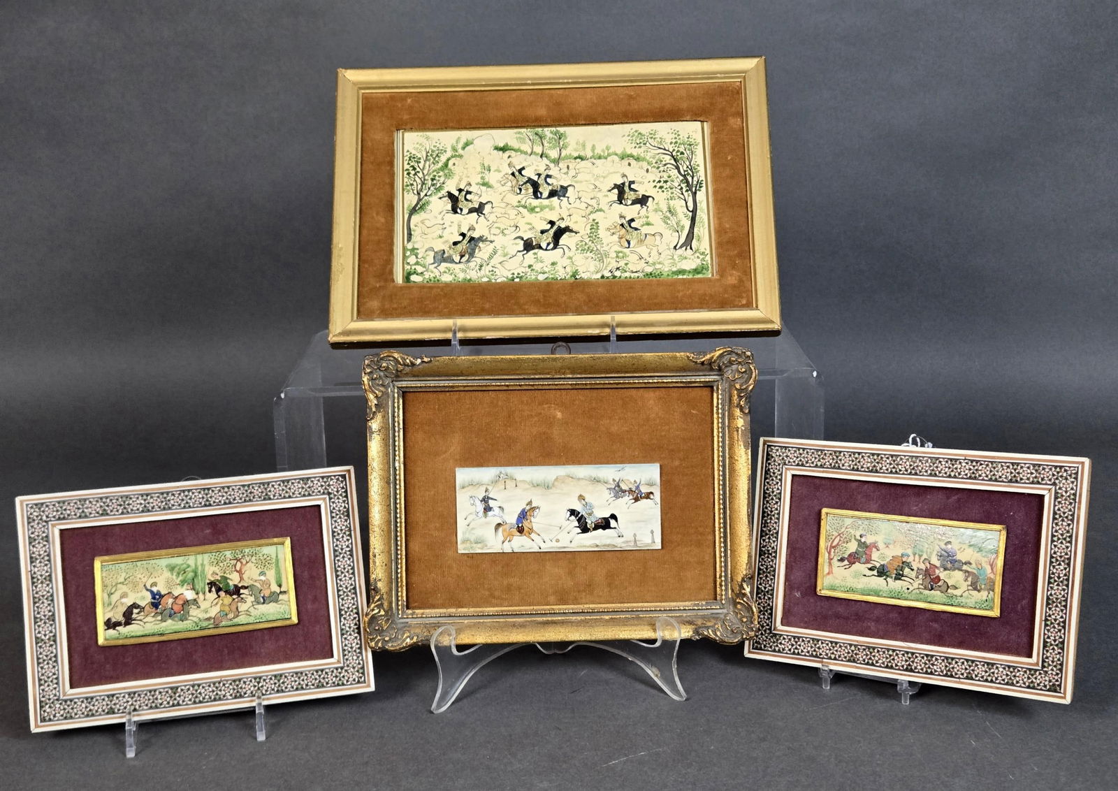4 Hand Painted Miniatures.: A group of four hand painted miniatures on bone. Two miniatures in mosaic frames with burgundy velvet surround. Some loss of paint visible. Frame sizes: 7 7/8" x 4 7/8". ++ Scene of polo players. Fram