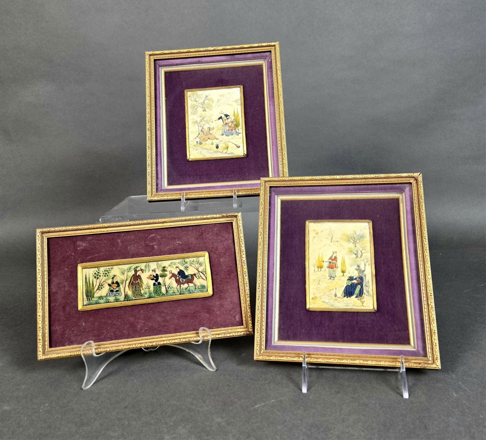 3 Hand Painted Miniatures.: A group of three framed hand painted Persian style miniatures depicting everyday life scenes. All framed and matted with velvet matting. ++ Two miniatures behind glass. Labeled "Schwartz Freres" in Fr
