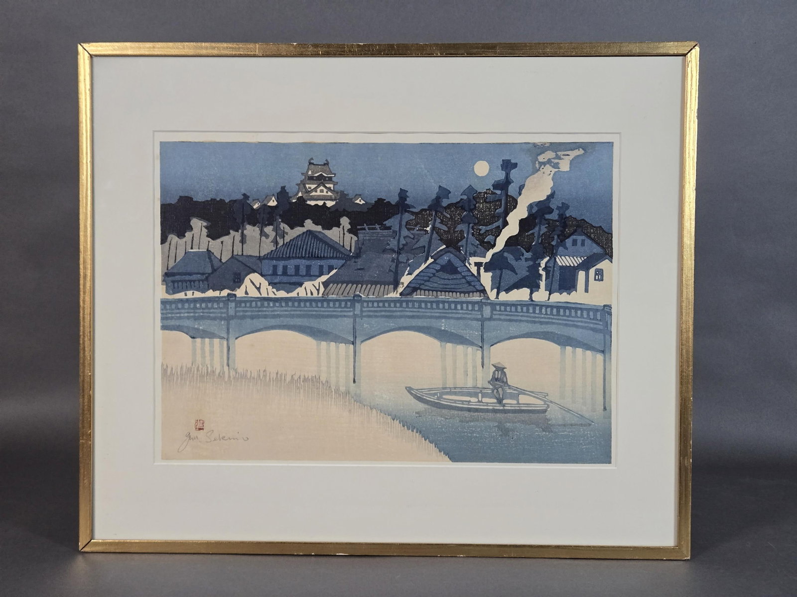 Jun'ichiro, "Okazaki Castle...," 1969, Woodblock.: Jun'ichiro, Sekino (Japanese, 1914-1988). 1969. Color woodcut. "Okazaki Castle and Sugo Bridge by Moonlight." No. 39 from the series Fifty-three Stations of the Tokaido (1959-74.) Showa Era. Printed b