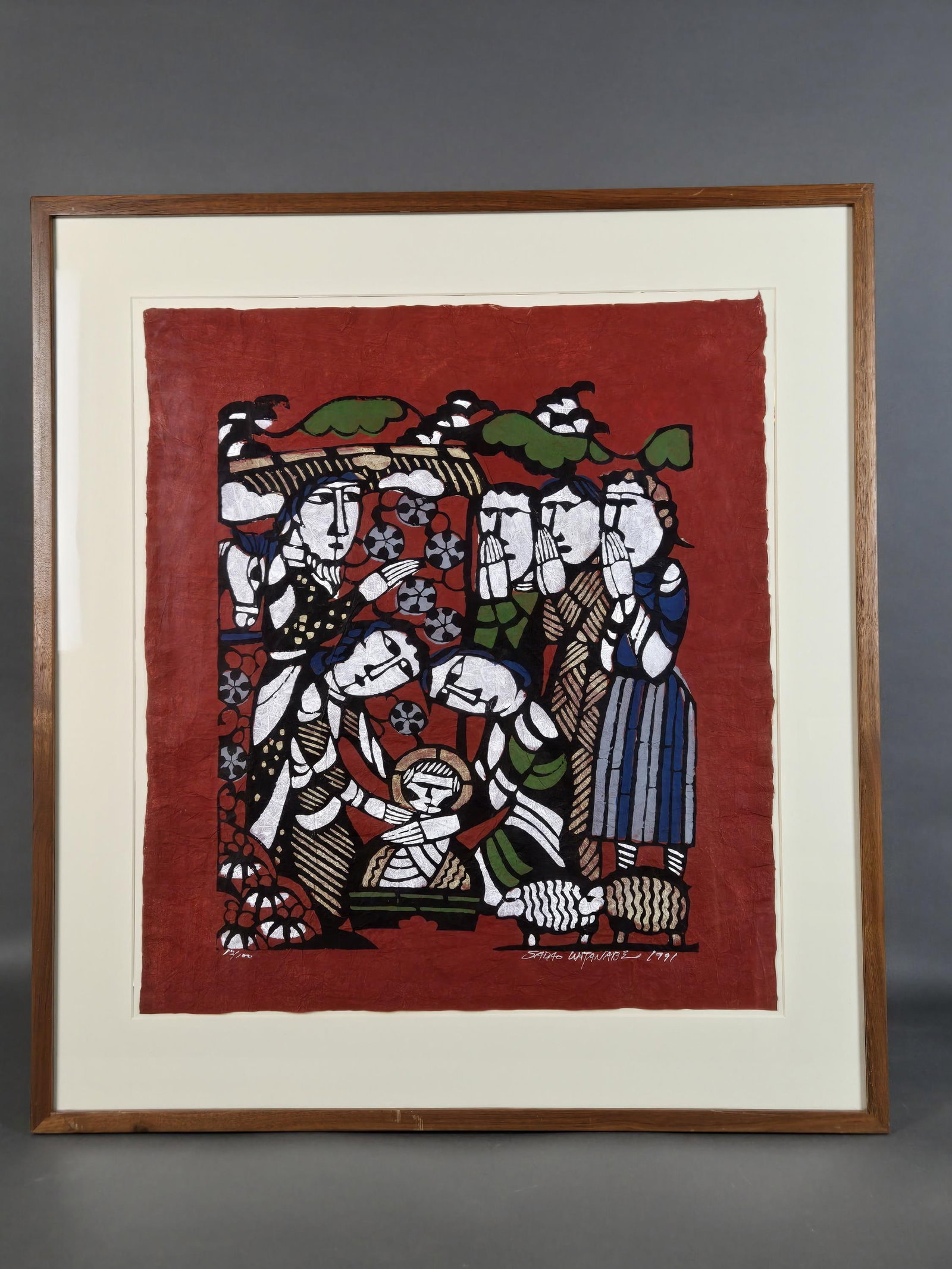Watanabe, "Nativity," 1981, Woodblock.: Watanabe, Sadao (Japanese, 1913-1996). "Nativity." 1981. Woodblock. Signed and dated l.r. Editioned, 100/100, l.l. All in white ink. Framed and matted. Frame size: 31" x 34 3/8". Sheet size: 23" x 26"