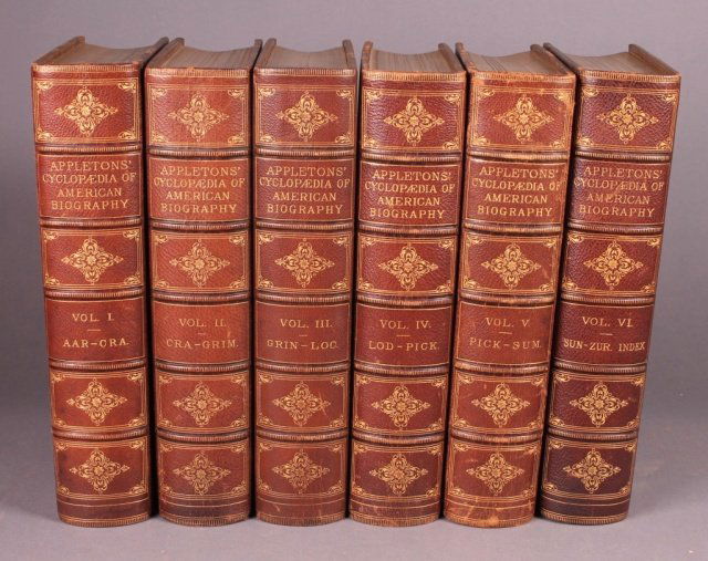 Appletons' Cyclopaedia of American Biography 6vols: [American Biography]. James Grant Wilson and John Fiske (eds.). APPLETONS’ CYCLOPAEDIA OF AMERICAN BIOGRAPHY. 6 Vols. NY: D. Appleton and Company, 1887-1891, mixed ed. Thick 4to. Modern full brown m