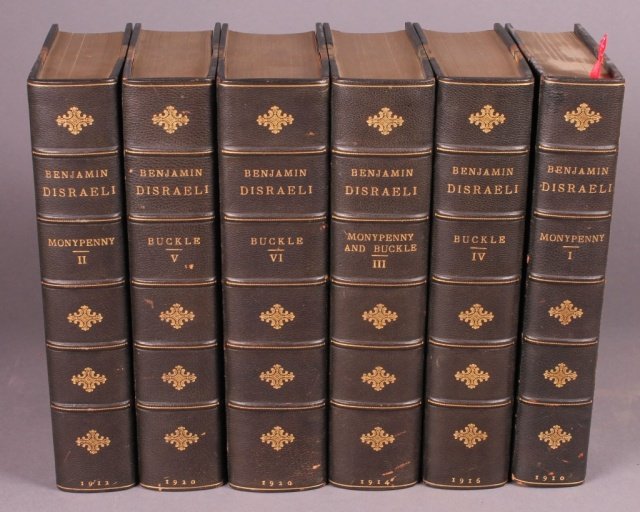 THE LIFE OF BENJAMIN DISRAELI. 6 Vols. 1910-1920.: [Benjamin Disraeli]. Willam Flavelle Monypenny. THE LIFE OF BENJAMIN DISRAELI Earl of Beaconsfield. 6 Vols. Lon: John Murray, 1910-1920. Thick 8vo. Half navy blue morocco and marbled board by Bartlett