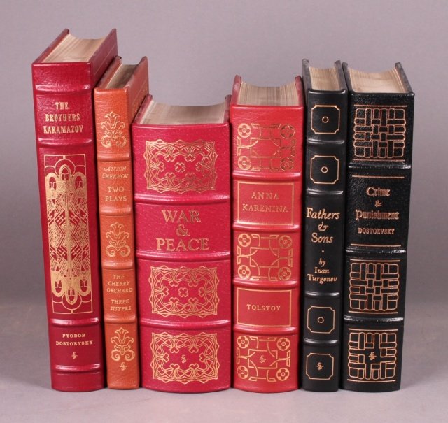 6 Books: Easton Press. Tolstoy, Dostoevsky, others: [Easton Press/Russian Authors]. 6 Titles. ++ Ivan Turgenev. FATHERS & SONS. Translated by Constance Garnett, Fritz Eichenberg illustrator. (1977). ++ Fyodor Dostoevsky. CRIME & PUNISHMENT. Garnett tra