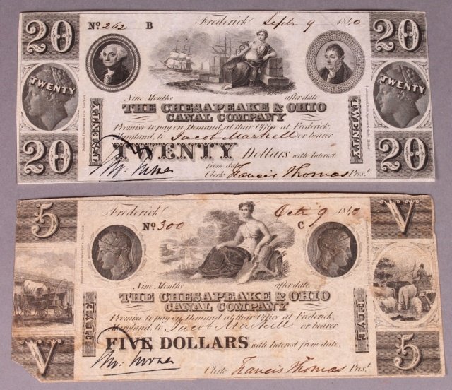 2 currency notes issued by C & O Canal Company.: [Chesapeake & Ohio Canal]. 2 Notes, for $20 and $5. Text reads “The Chesapeake & Ohio Canal Company Promise to pay on Demand at their Office at Frederick, Maryland to Jacob Marshall or bearer…” 
