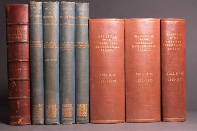 3 Titles (8 Vols) incl LEHRBUCH DER METEOROLOGIE.: [Meteorology]. 3 Titles (8 Vols). ++ Julius Hann. LEHRBUCH DER METEOROLOGIE. Leipzig: Tauchnitz, 1906, 2nd ed. 4to. xi, [1], 642, [2] pp. 29 plates: 5 tables (1 folding, 1 double-page), 10 illustratio