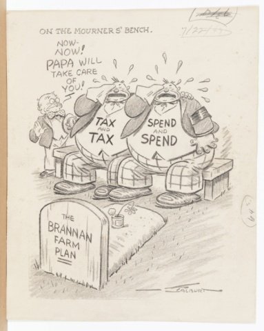 On the Mourner's Bench. Original cartoon.: [Cartoon]. On The Mourner's Bench. Original cartoon, probably executed with charcoal. Shows 2 mourners, crying while sitting in front of a grave, with a tombstone that reads "The Brannan Farm Plan." 1