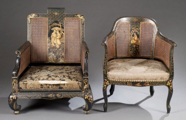 2 continental chinoiserie caned back arm chairs.: A group of two continental, probably English, arm chairs with caned backs and sides. Late 19th/early 20th century. One round and one square back with central painted figural scenes. Painted floral and