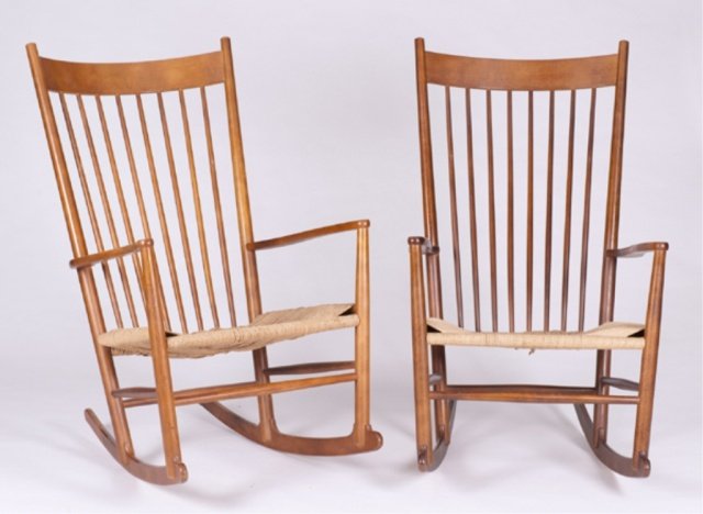 Pair of Hans Wegner rocking chairs: A pair of A Hans J. Wegner beechwood and woven jute seat rocking chairs. Mid. 20th century. Made by Tarm Stole & Mobelfabrik, Tarm. 43"h x 25"w x 30"d.