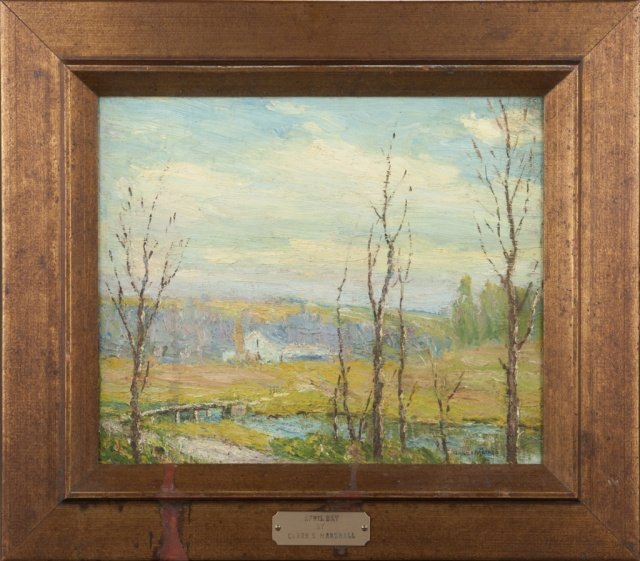 Clark Marshall o/b "April Day" landscape scene.: Marshall, Clark (Maryland/Del., 1860-1944). "April Day". Oil on board. Signed at l.r, "Clark Marshall". Gilt wood frame. 10" x 12". Frame: 14 1/2" x 16 1/2".