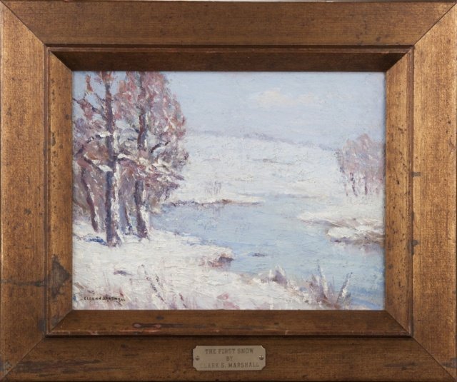 Clark Marshall o/board "The First Snow": Marshall, Clark (Maryland, Del. 1860-1944). "The First Snow". Oil on board. Signed at l.l., "Clark Marshall". Gilt wood frame. 8 3/4" x 11 3/4". Frame: 13 1/2" x 16".