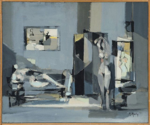 Marcel Mouly oil on canvas, abstract figural scene: Mouly, Marcel (Fr., 1918-2008). Abstract figural scene with two nudes. Oil on canvas. Signed at l.r., "M. Mouly '57". 21" x 25 1/2".