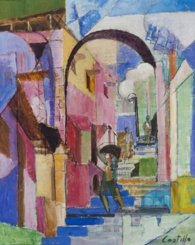 Cubist street scene oil on canvas signed Castillo.: Cubist street scene with figures. 1st half 20th century. Oil on canvas. Signed at l.r., "Castillo". In wood frame. 25" x 20". Frame: 31" x 25 3/4".