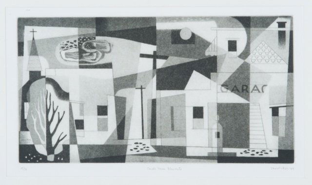 J. Jay McVicker: 2 etchings, pencil signed.: McVicker, J. Jay (Am., b. 1911). 2 Etchings. 1949. Each pencil signed and numbered. ++ Small Town Elements. 7 ¾” x 16 5/8”. 18/50. ++ Nude Contemplating a River. 15 ½” x 10 1/8”. ++ Matted a