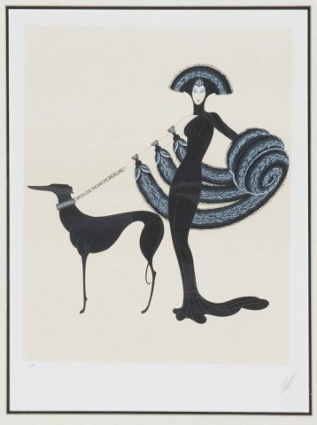 Erte. Color lithograph. Pencil signed. A/P.: Erte, Romain de Tirtoff (FSR/Fr./Am., 1892-1990). Color lithograph. 21 ¾” x 17 1/8”. Crease to upper right portion, hint of mat burn, hinged along full length of verso’s upper edge. Very good.