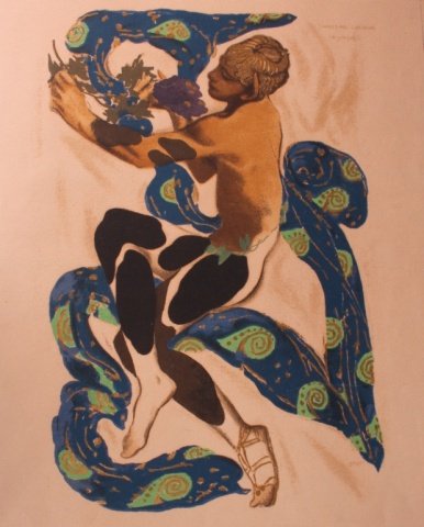 Leon Bakst hand colored lithograph: A hand colored lithograph after Leon Bakst (Am., 1866-1924). "Nijinsky in l'Apres-midi d'un Faune". Signed at l.r., "BAKST". Unframed. 20" x 16 1/4".