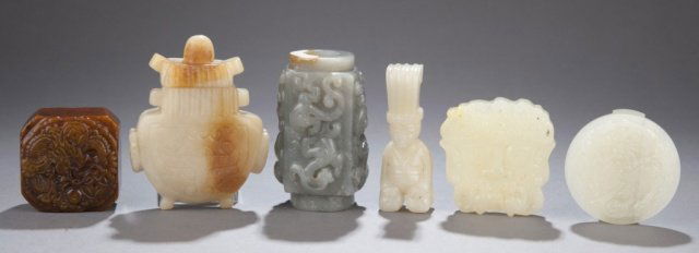 6 Chinese hardstone carvings.: Group of six Chinese hardstone carvings. 20th century. ++ Mask pendant. 2"l x 2 1/4"w. ++ Dragon circular belt hook. 2 1/4"diam. ++ Seal with dragon and flaming pearl. 1"h x 1 3/4"w x 1 3/4"d. ++ Smal