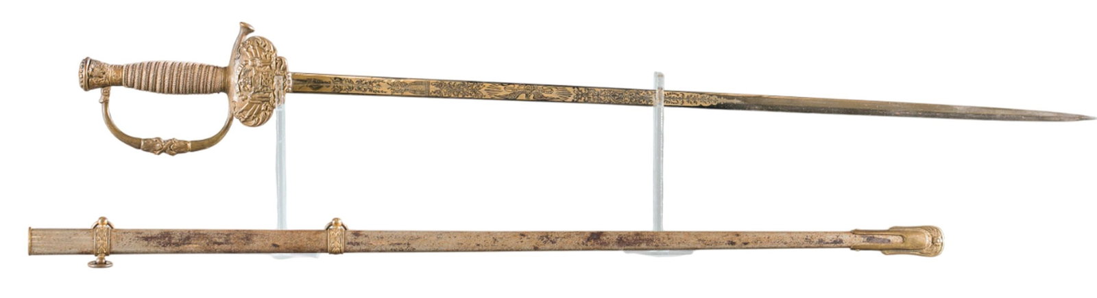 G.W. Simmons & Co Fraternal sword with scabbard: A G.W. Simmons & Co Fraternal Sons Of Civil War Veterans 1860 Staff and Field Officer's pattern sword with scabbard. 29 1/2" acid etched blade. 35" overall. 31 1/8" scabbard. Condition: Loss of finish