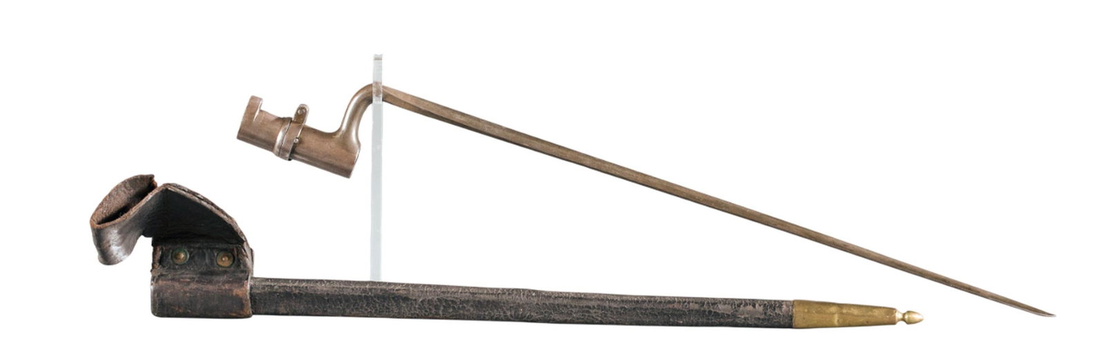 U.S. M1855 Socket Bayonet with scabbard: An U.S. Model 1855 Socket Bayonet with scabbard. 18" blade marked "U.S." 21" overall and 20 1/2" scabbard. Condition: Cleaned with partially obscured markings and pitting present. Holster leathercrack