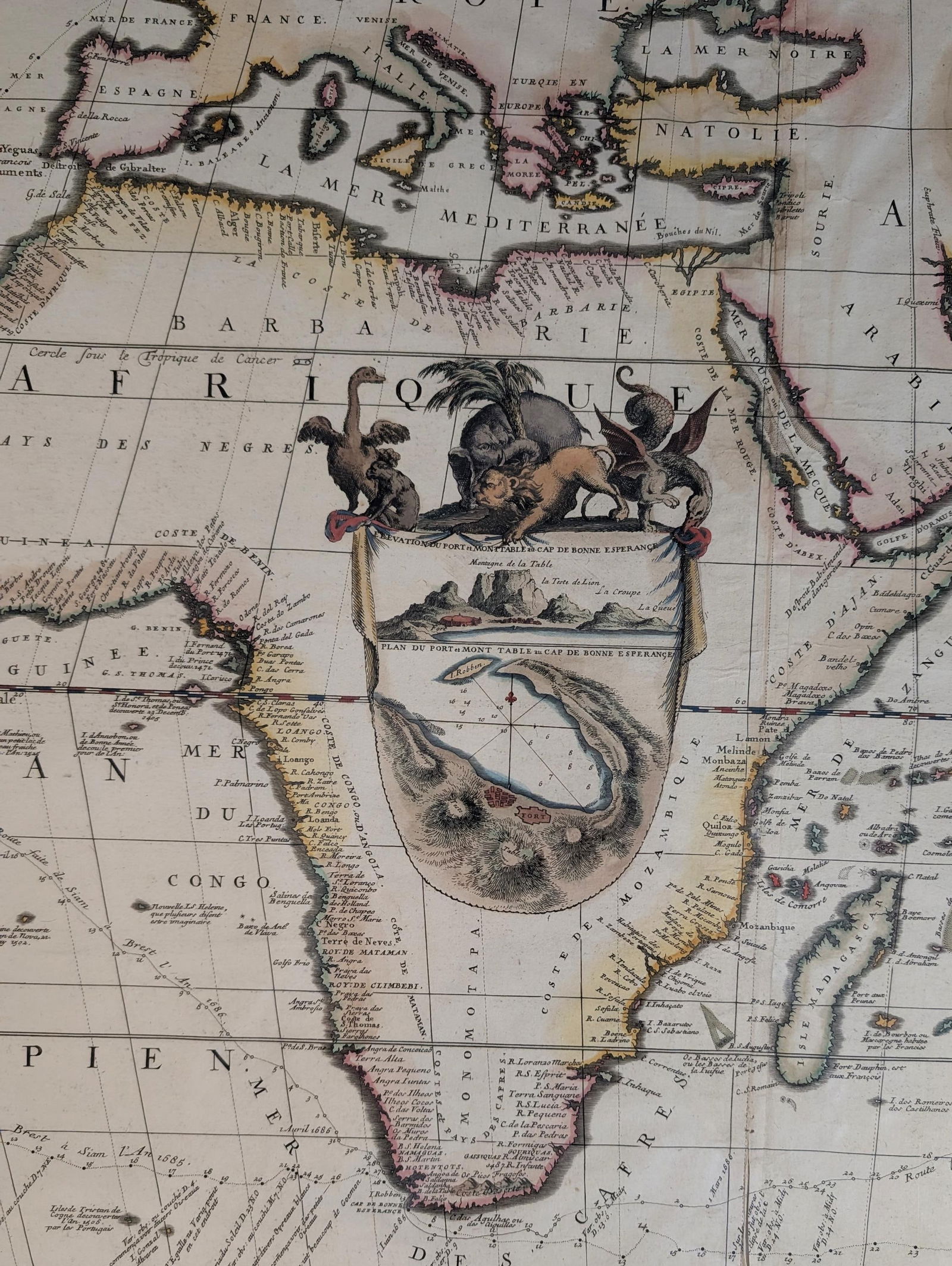 Route maritime de Brest a Siam; et de Siam a Brest: Coronelli, Vincenzo Maria. (Italy. 1650-1718). Route maritime de Brest a Siam; et de Siam a Brest. Paris: chez I. B. Nolin, 1687. Hand colored copperplate engraved map. In the center of Africa claw wi