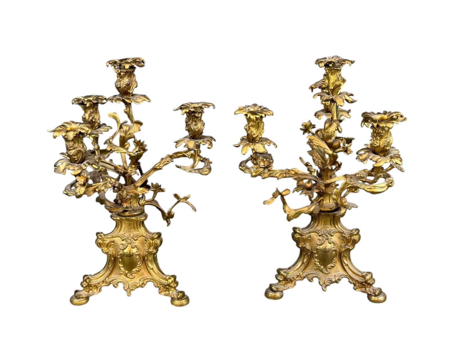 2 Louis XV style gilt candelabras.: A group of two Louis XV style gilt white metal four light candelabras. 19th Century. 20" x 12 1/2".