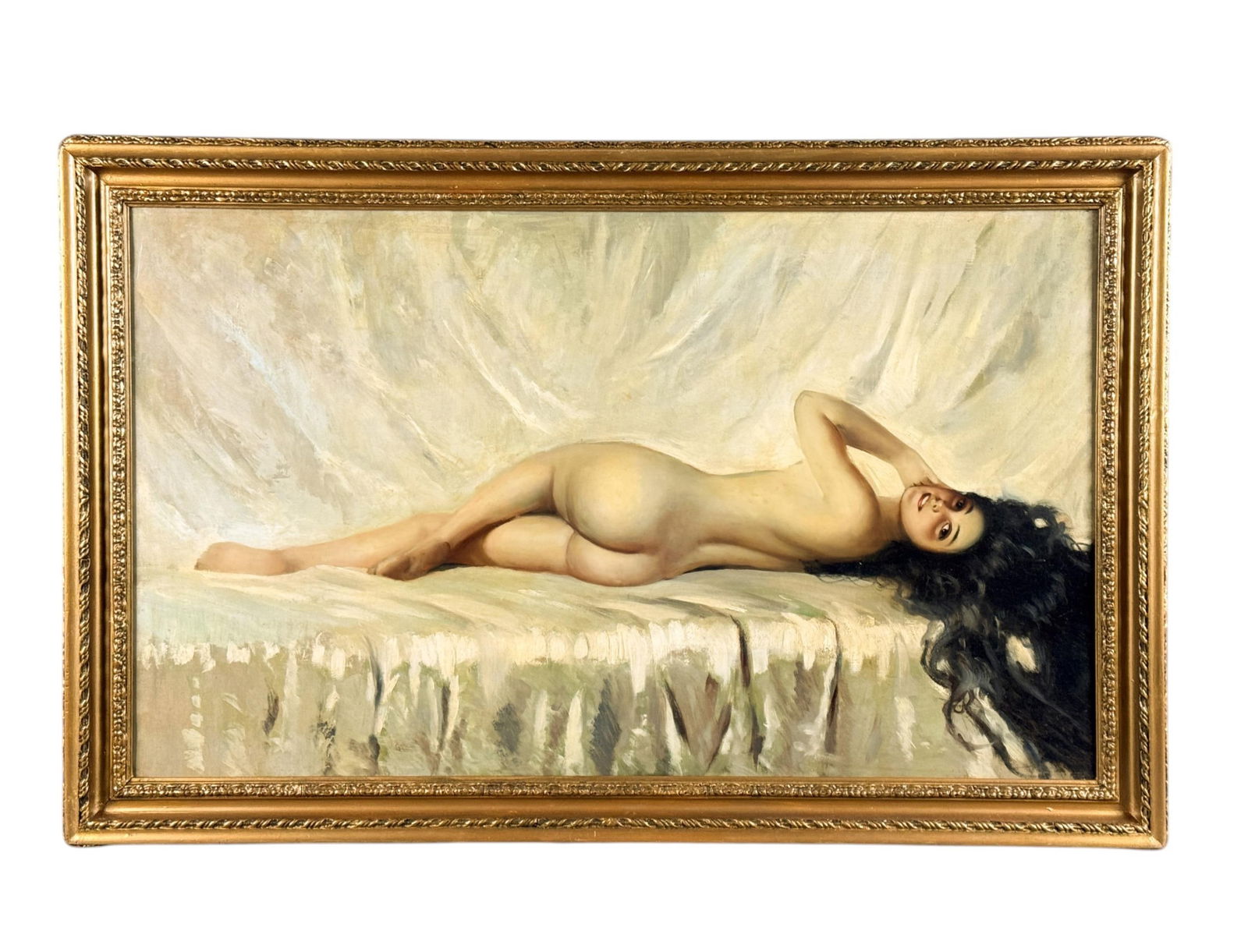 Reclining female nude, O/C.: A reclining female nude. Oil on canvas. 20th century. Unsigned. Sight: 23" x 38 1/2". Frame: 28 1/2" x 44 1/4".