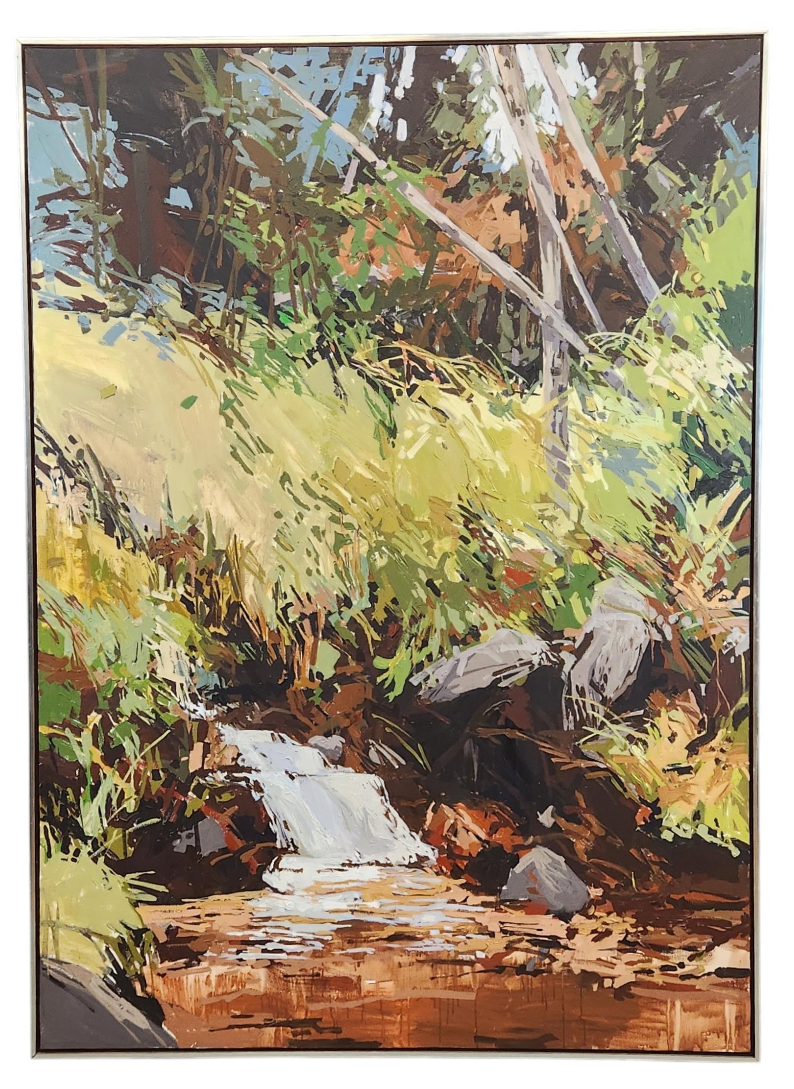 Doug Atwill, "Landscape with Cascade," 1983.: Atwill, Doug (American, b. 1933). "Landscape with cascade." 1983. Acrylic on canvas. Signed, dated, and titled on verso. 86" x 61 1/4".