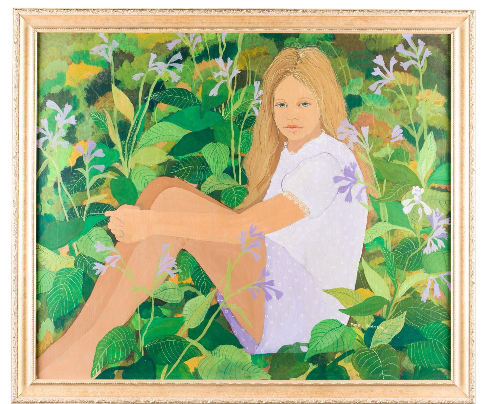 Pamela Holeman, Young girl in flowers, O/B.: Holeman, Pamela (Connecticut, active 20th century). Young girl reclining in flowers. 1970. Oil on board. Signed and dated l.r. Sight: 29 1/2" x 35 1/2". Frame: 34" x 40".