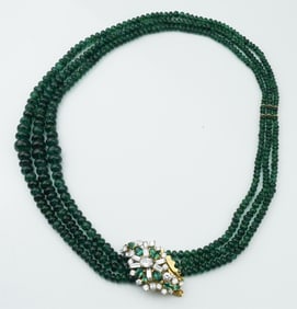 14KYG Emerald & Diamond Three Strand Necklace.