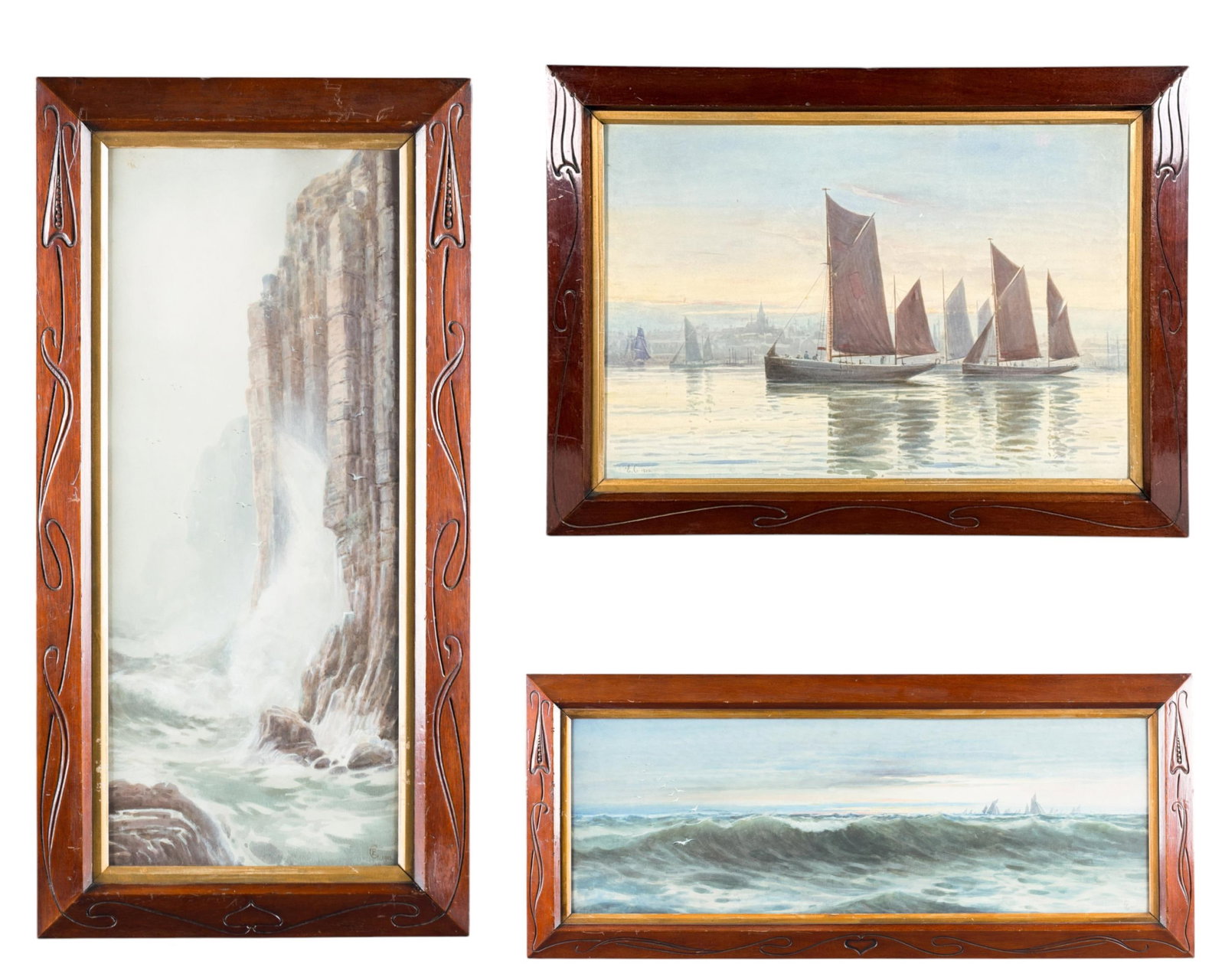 3 Seascapes, watercolor on paper.: A group of three seascapes. Watercolor on paper. 1902. Initials E.C. in bottom corner. Largest: Sight: 9 1/2" x 28 1/2" Frame: 14" x 33". ++ Smallest: Sight: 20 3/4" x 8 1/4". Frame: 25" x 12 1/2".