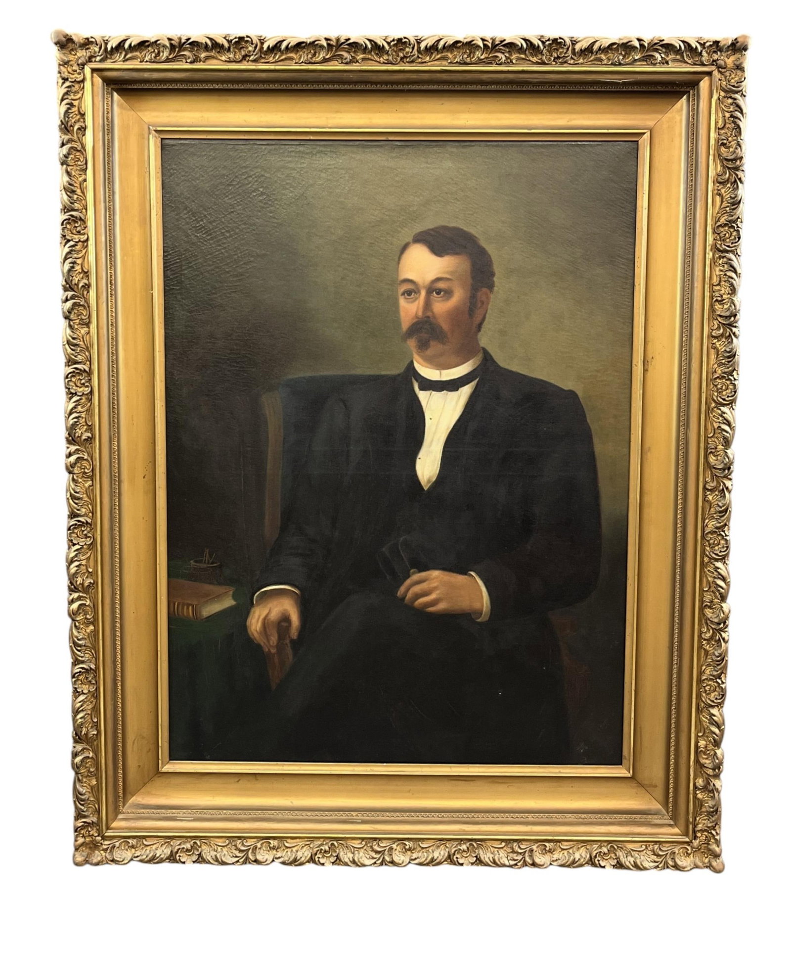Bryson, Portrait of a gentleman, O/C.: A portrait of a gentleman. Oil on canvas. Late 19th century. Signed "B. Bryson" l.r. Sight: 48" x 35 1/2". Frame: 62 1/2" x 50". Condition: Craquelure, some chips to paint.