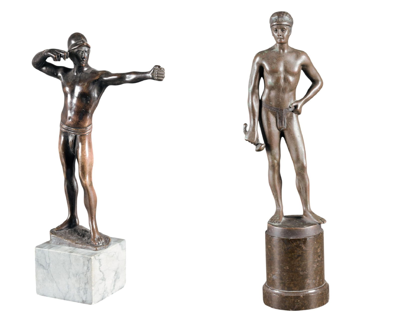 2 Roman athletes, bronze.: A group of two bronze Roman athletes. ++ Hoffman. Male athlete. Name on base. 12 1/2" x 4". Loose on base. ++ Archer. MS stamp on vase. 10" x 5 1/2". Missing bow.