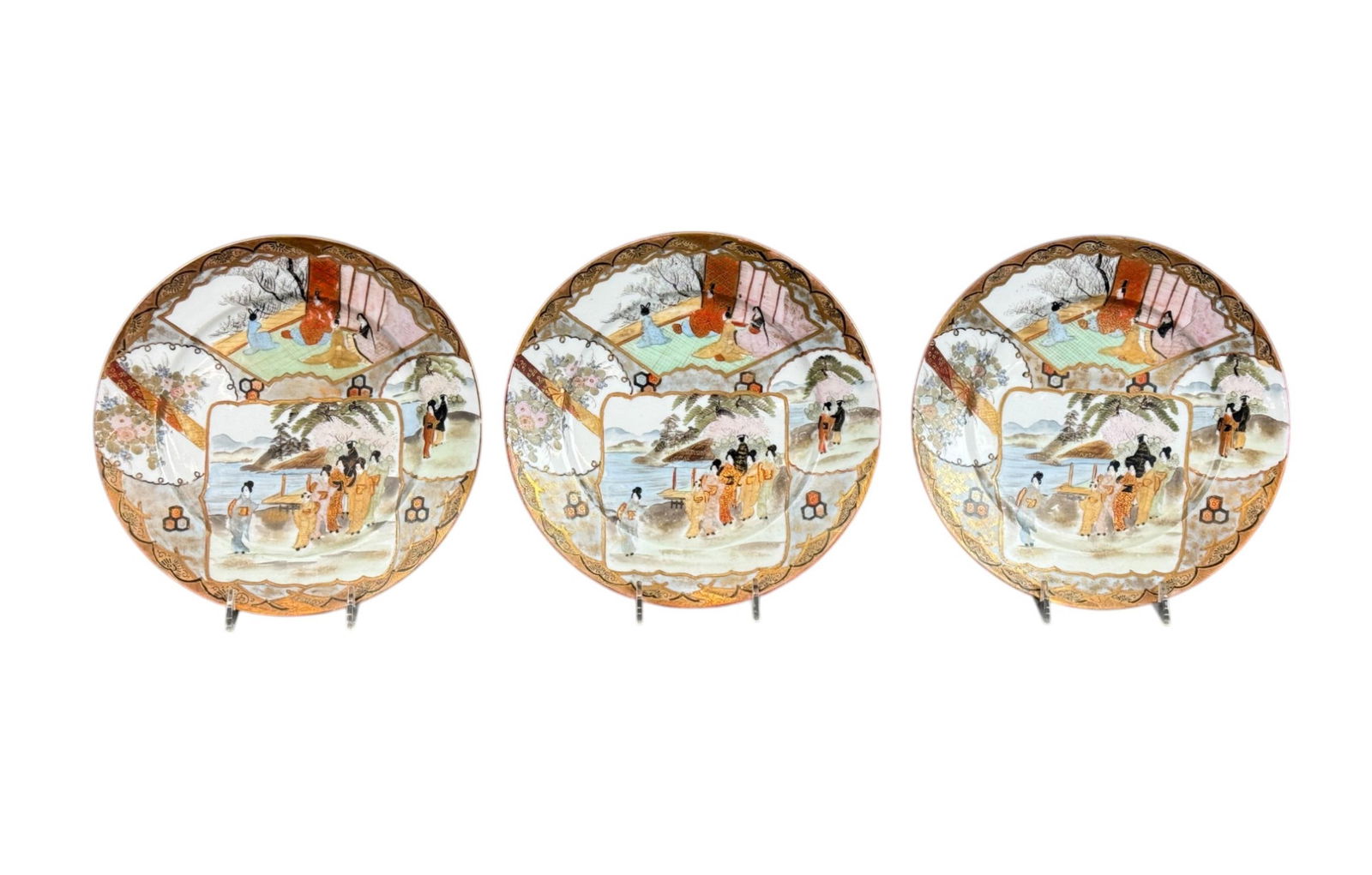 3 Japanese porcelain Satsuma plates.: A group of three Japanese porcelain Satsuma plates. Marked on reverse. 8 1/4" x 1 1/4".