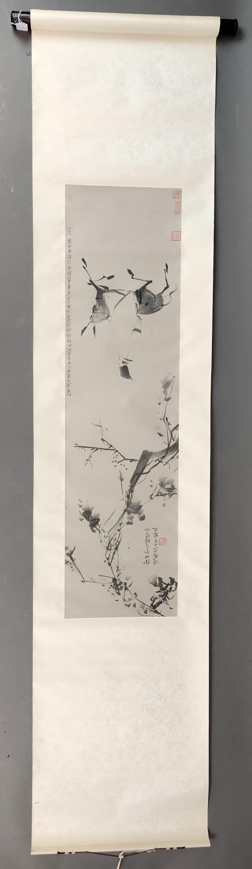 Chinese Hsu Wei scroll.: A Chinese Hsu Wei scroll. Tree over man riding donkey. 83" x 18".