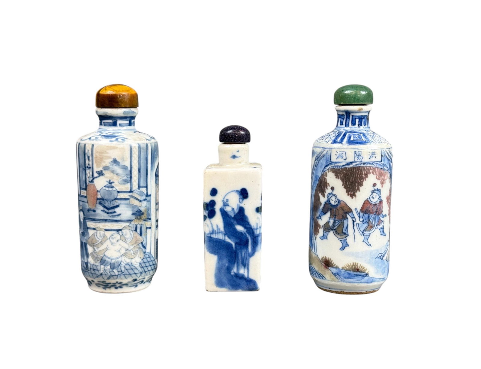 3 Chinese blue and white snuff bottles. (1 of 9)