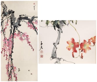 2 Chinese watercolors of flowers.